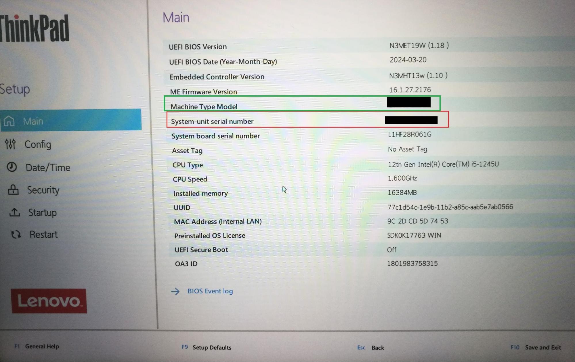 a Lenovo laptop típusa és sorozatszáma a BIOS-on belül